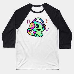 Happy smiling baby chameleon with headphones. Kawaii cartoon Baseball T-Shirt